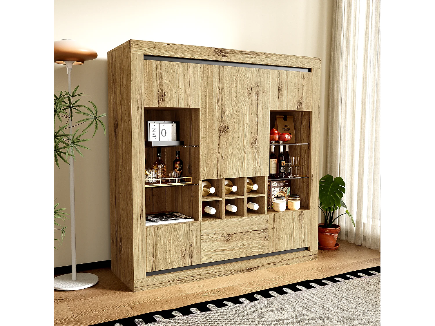 Buffet avec 5 portes, 1 tiroir et casier à vin pour 6 bouteuilles - 110 x 38 x 115 cm - étagères en verre et bois aggloméré - LED - naturel