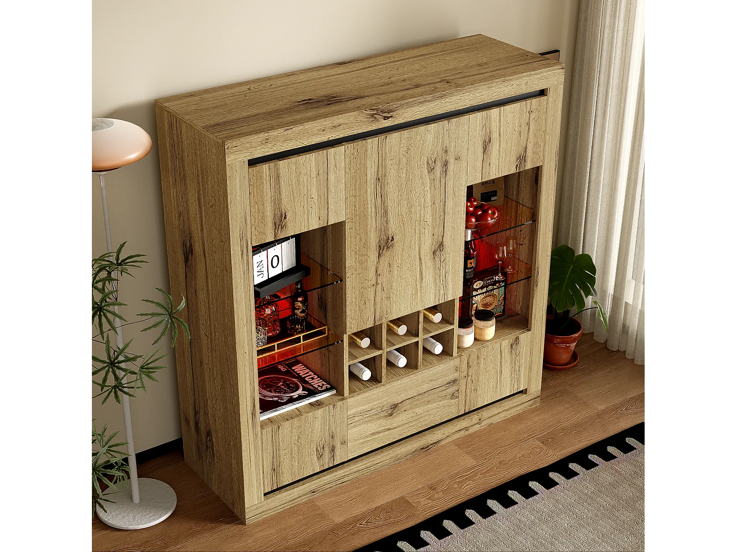 Buffet avec 5 portes, 1 tiroir et casier à vin pour 6 bouteuilles - 110 x 38 x 115 cm - étagères en verre et bois aggloméré - LED - naturel