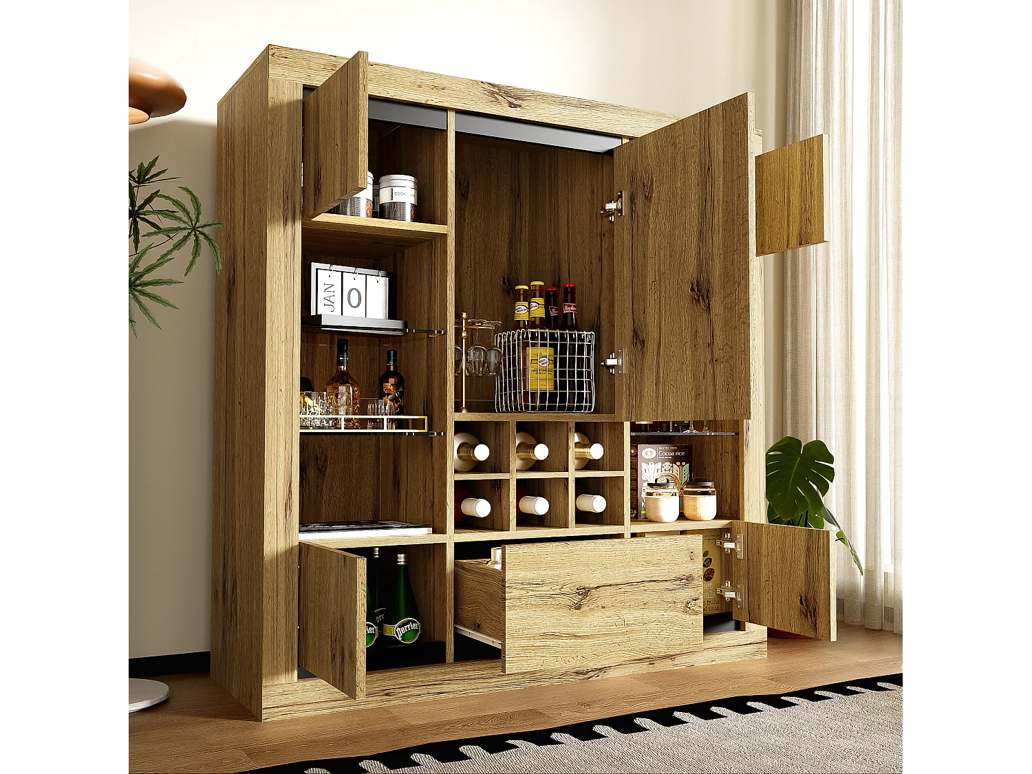 Buffet avec 5 portes, 1 tiroir et casier à vin pour 6 bouteuilles - 110 x 38 x 115 cm - étagères en verre et bois aggloméré - LED - naturel