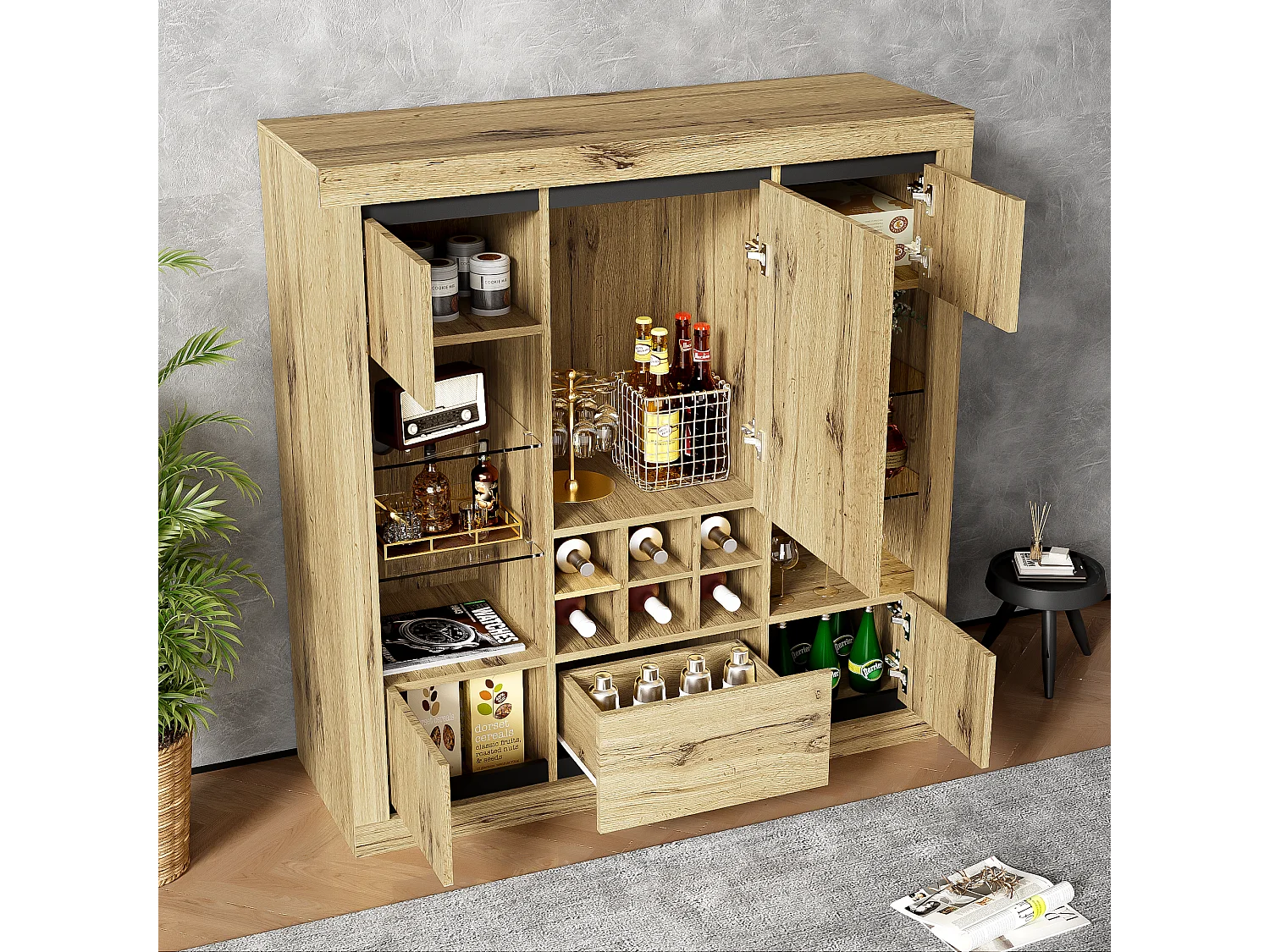 Buffet avec 5 portes, 1 tiroir et casier à vin pour 6 bouteuilles - 110 x 38 x 115 cm - étagères en verre et bois aggloméré - LED - naturel