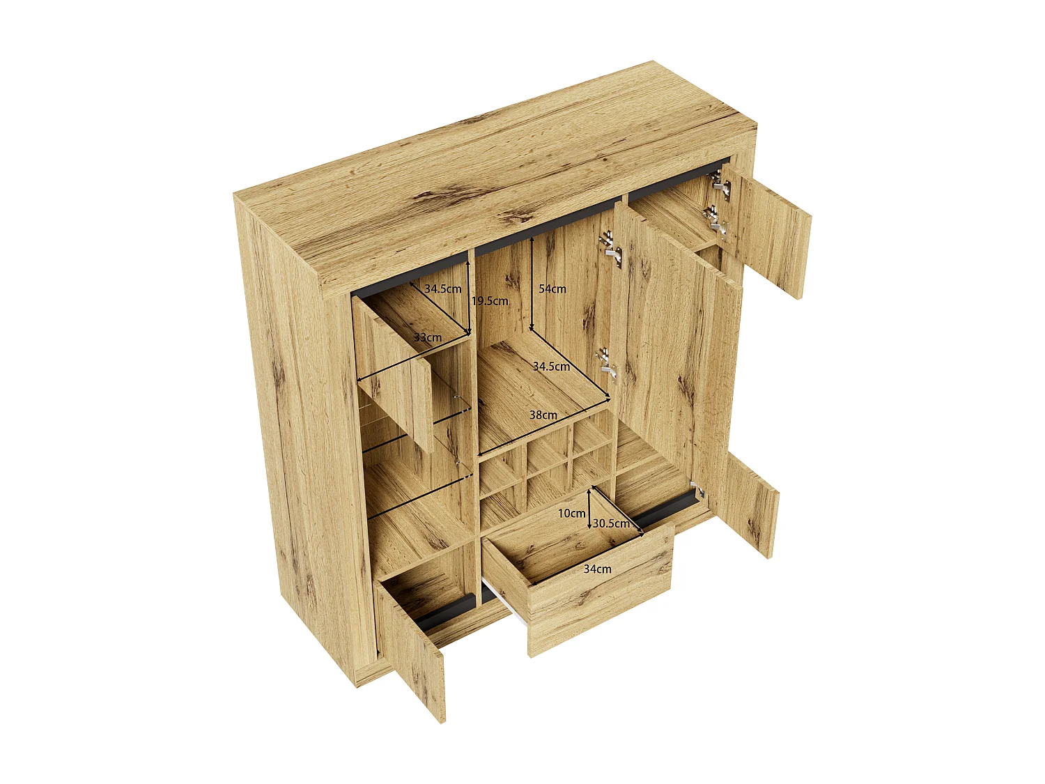 Buffet avec 5 portes, 1 tiroir et casier à vin pour 6 bouteuilles - 110 x 38 x 115 cm - étagères en verre et bois aggloméré - LED - naturel