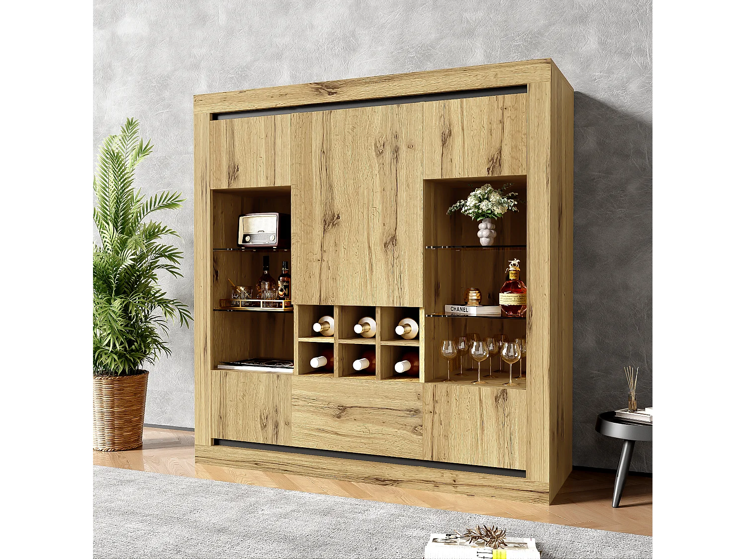 Buffet avec 5 portes, 1 tiroir et casier à vin pour 6 bouteuilles - 110 x 38 x 115 cm - étagères en verre et bois aggloméré - LED - naturel