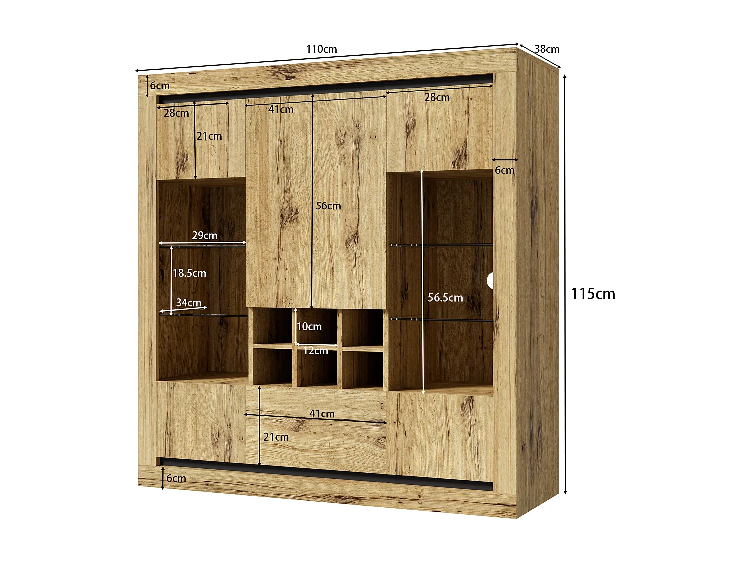 Buffet avec 5 portes, 1 tiroir et casier à vin pour 6 bouteuilles - 110 x 38 x 115 cm - étagères en verre et bois aggloméré - LED - naturel