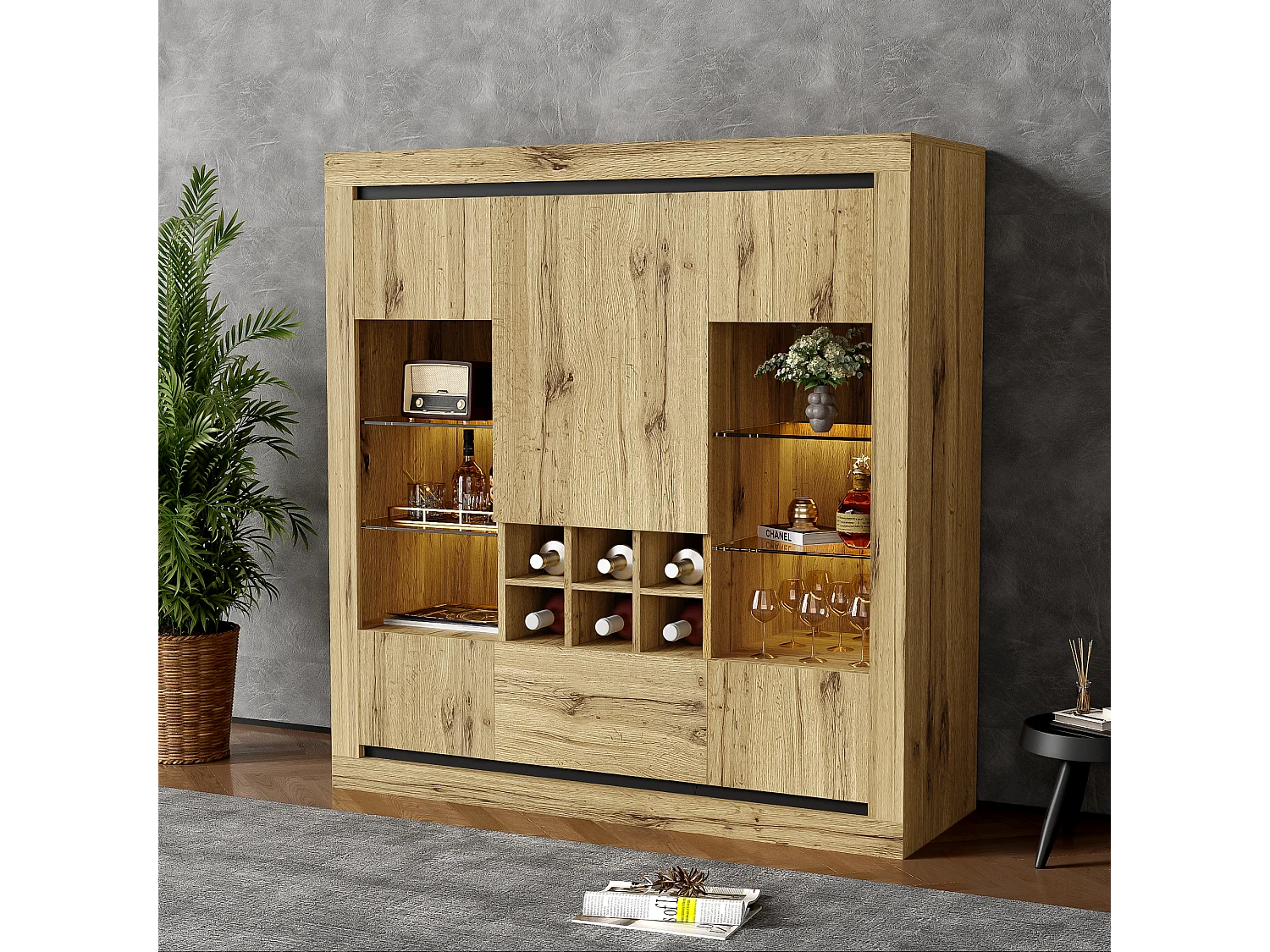 Buffet avec 5 portes, 1 tiroir et casier à vin pour 6 bouteuilles - 110 x 38 x 115 cm - étagères en verre et bois aggloméré - LED - naturel