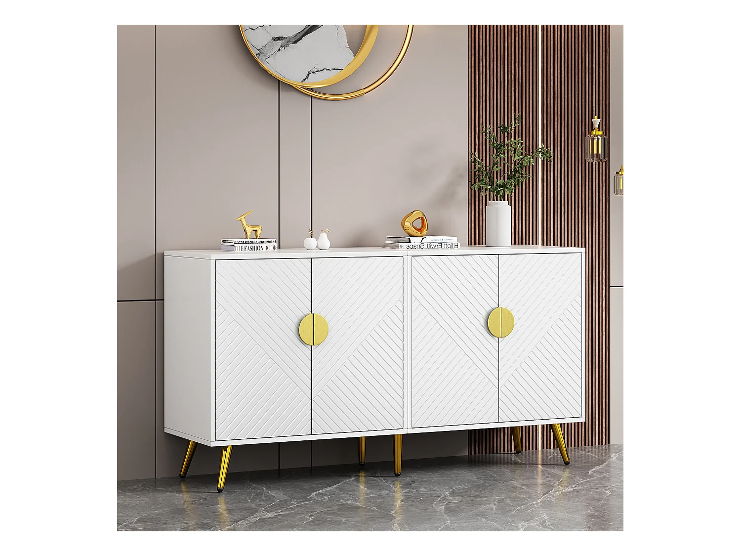 Niedriges Sideboard mit 4 Türen – 140 x 40 x 75 cm – Spanplatten und goldene Metallbeine – Weiß