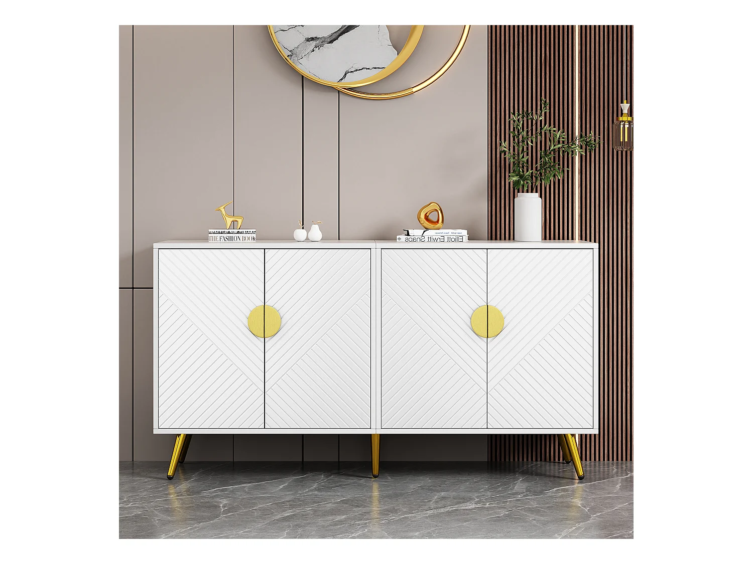 Niedriges Sideboard mit 4 Türen – 140 x 40 x 75 cm – Spanplatten und goldene Metallbeine – Weiß
