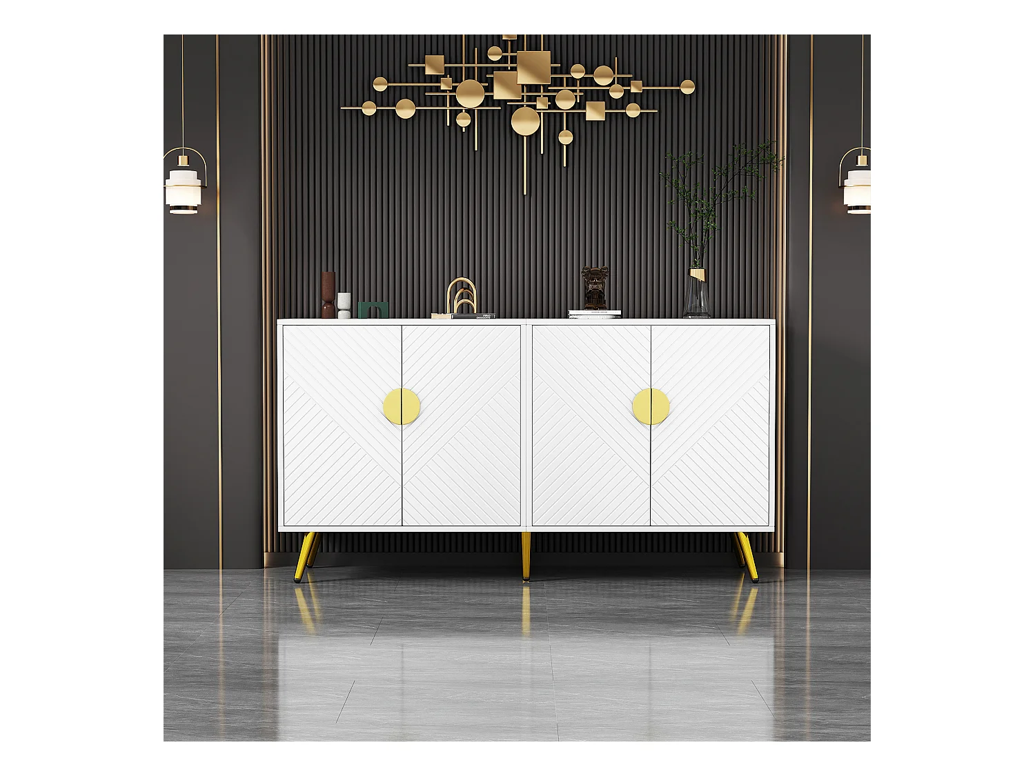 Niedriges Sideboard mit 4 Türen – 140 x 40 x 75 cm – Spanplatten und goldene Metallbeine – Weiß