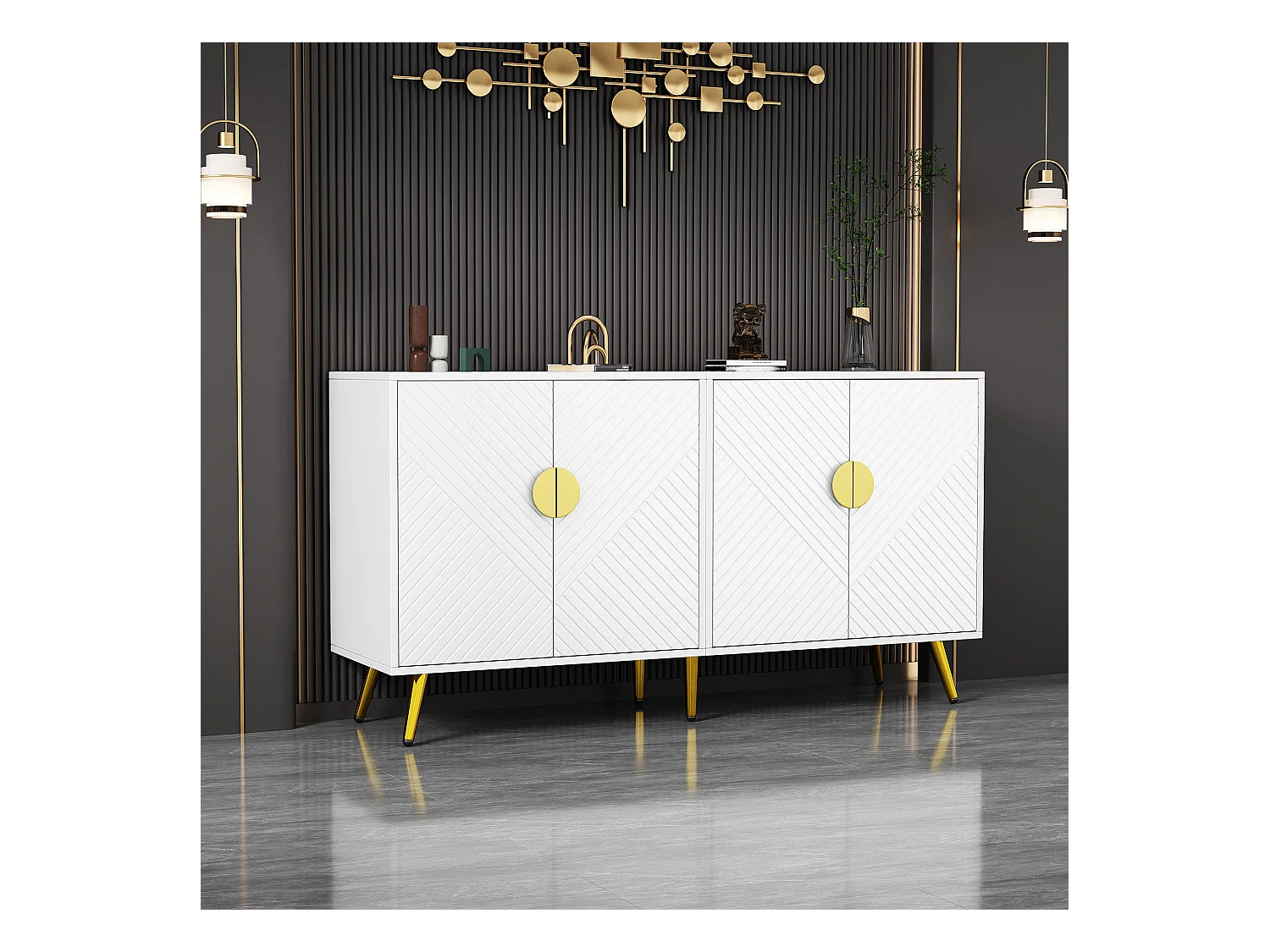 Niedriges Sideboard mit 4 Türen – 140 x 40 x 75 cm – Spanplatten und goldene Metallbeine – Weiß