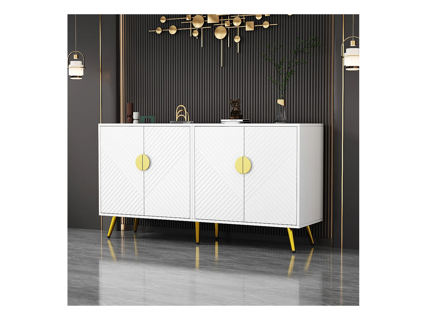 Niedriges Sideboard mit 4 Türen – 140 x 40 x 75 cm – Spanplatten und goldene Metallbeine – Weiß
