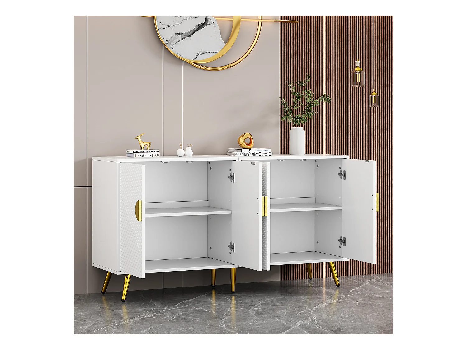 Niedriges Sideboard mit 4 Türen – 140 x 40 x 75 cm – Spanplatten und goldene Metallbeine – Weiß