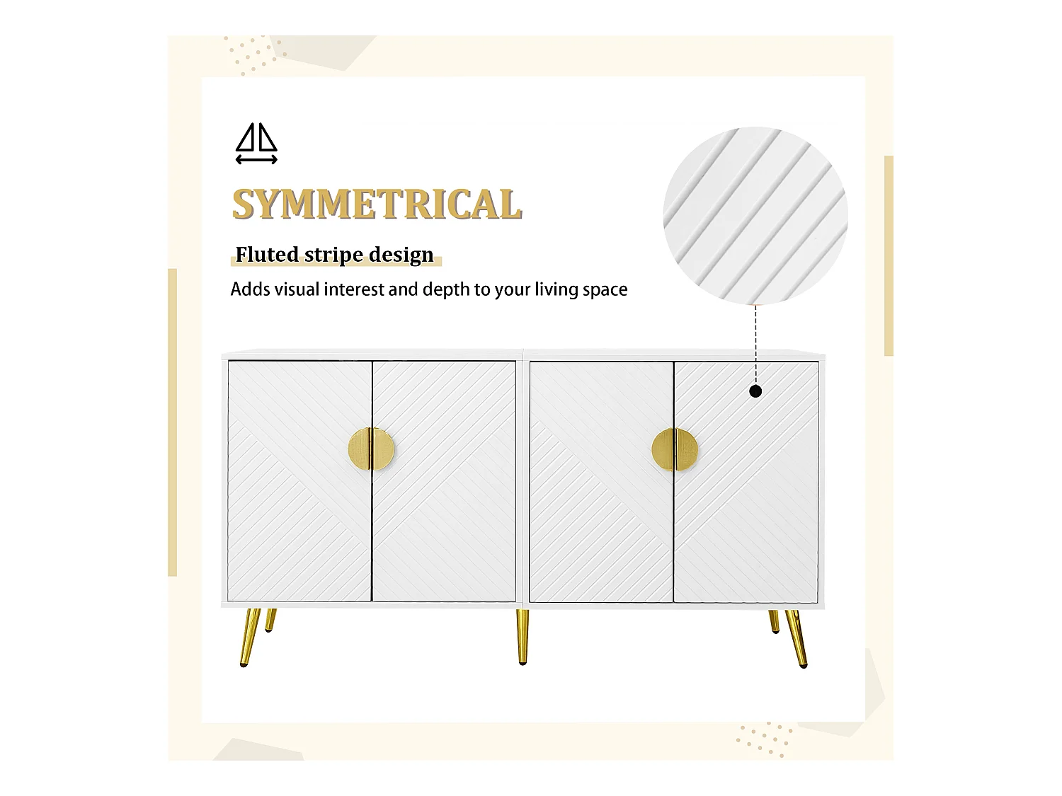 Niedriges Sideboard mit 4 Türen – 140 x 40 x 75 cm – Spanplatten und goldene Metallbeine – Weiß
