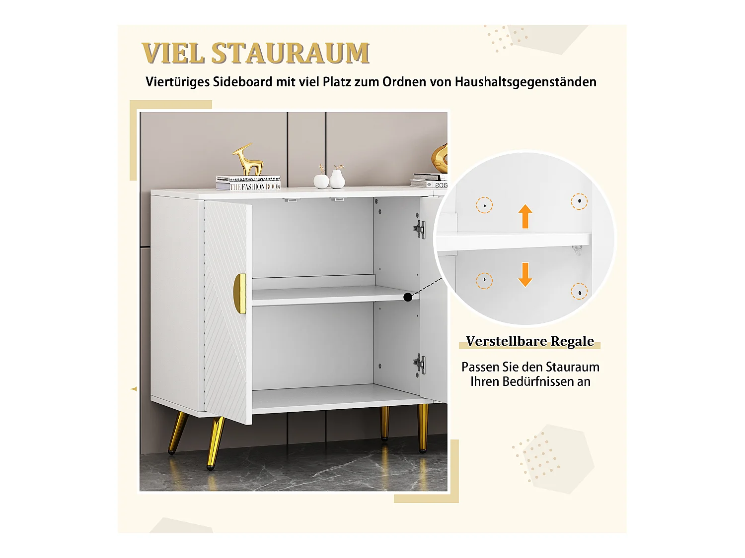 Niedriges Sideboard mit 4 Türen – 140 x 40 x 75 cm – Spanplatten und goldene Metallbeine – Weiß