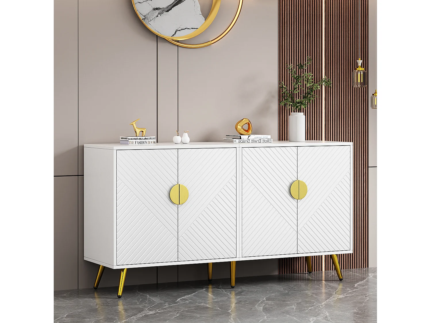 Niedriges Sideboard mit 4 Türen – 140 x 40 x 75 cm – Spanplatten und goldene Metallbeine – Weiß