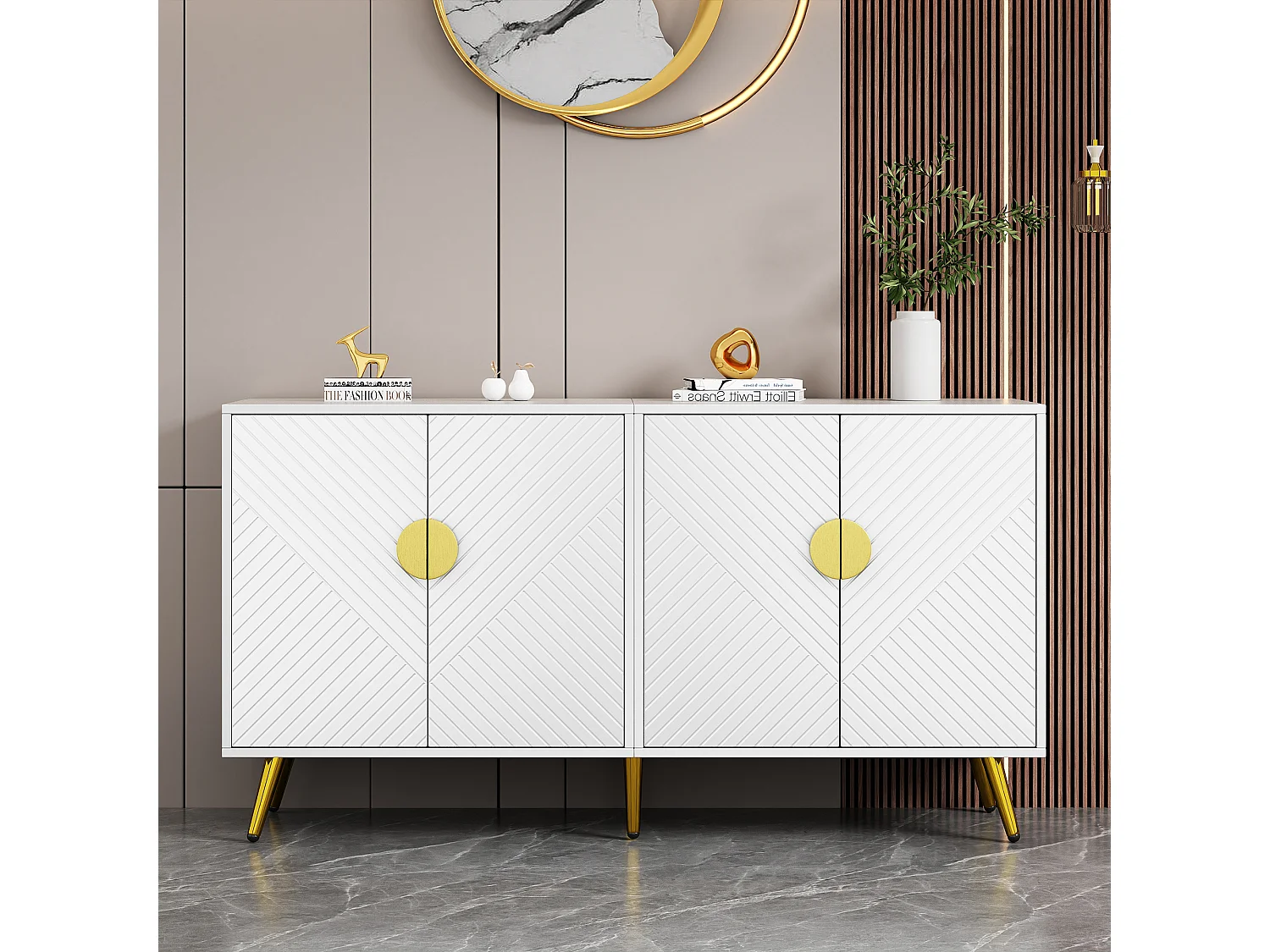 Niedriges Sideboard mit 4 Türen – 140 x 40 x 75 cm – Spanplatten und goldene Metallbeine – Weiß