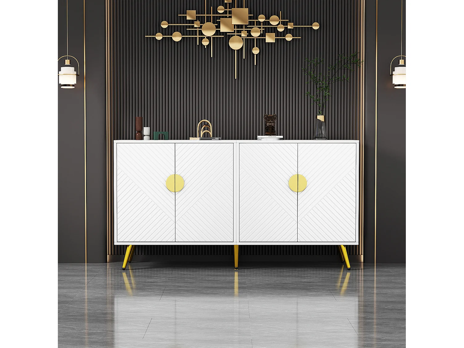 Niedriges Sideboard mit 4 Türen – 140 x 40 x 75 cm – Spanplatten und goldene Metallbeine – Weiß