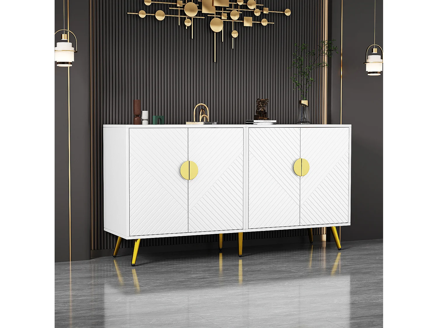 Niedriges Sideboard mit 4 Türen – 140 x 40 x 75 cm – Spanplatten und goldene Metallbeine – Weiß