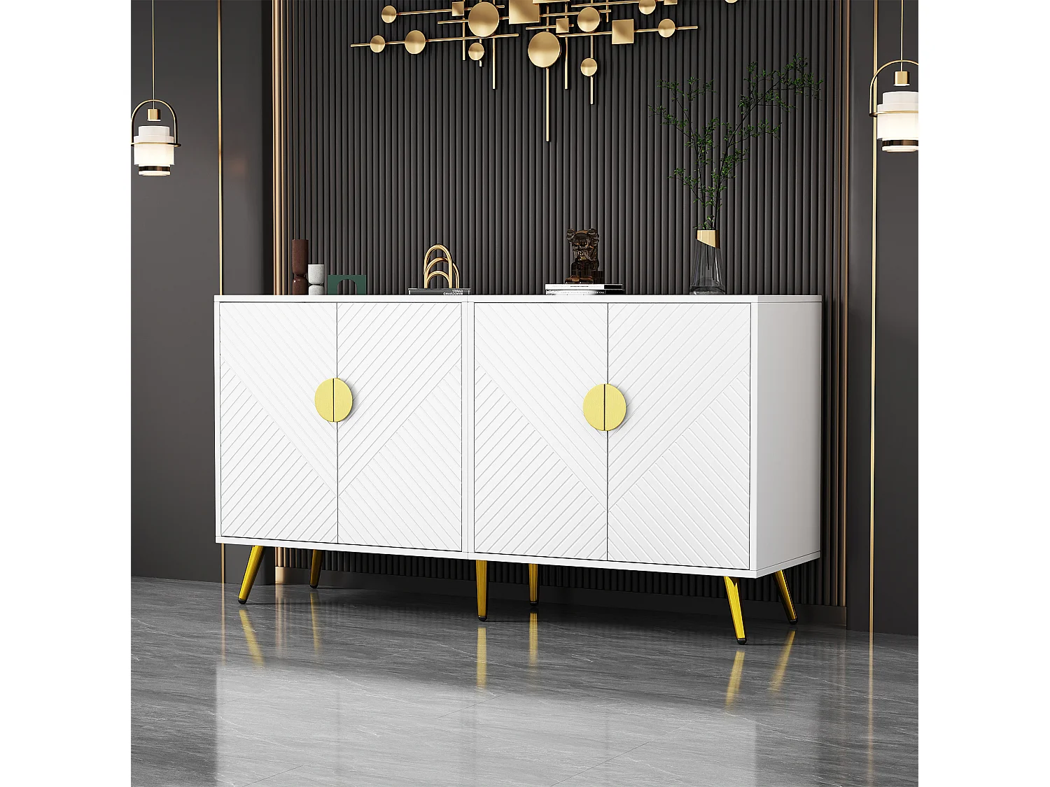 Niedriges Sideboard mit 4 Türen – 140 x 40 x 75 cm – Spanplatten und goldene Metallbeine – Weiß