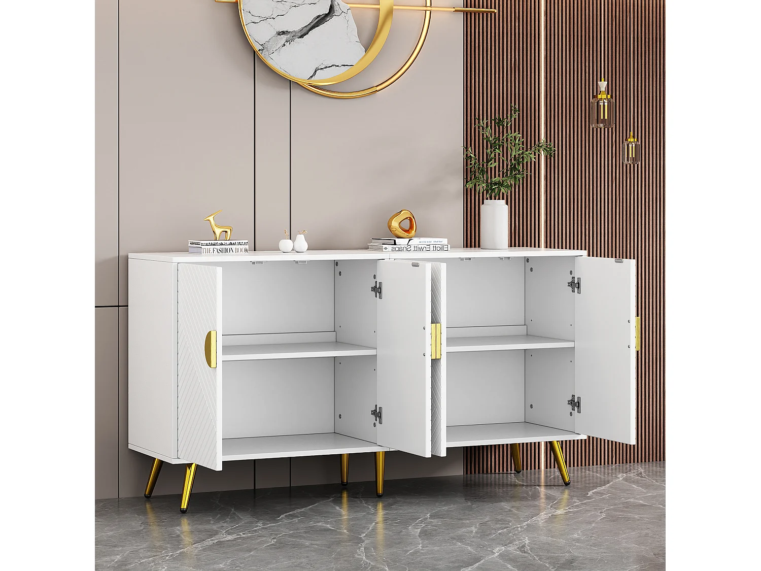Niedriges Sideboard mit 4 Türen – 140 x 40 x 75 cm – Spanplatten und goldene Metallbeine – Weiß