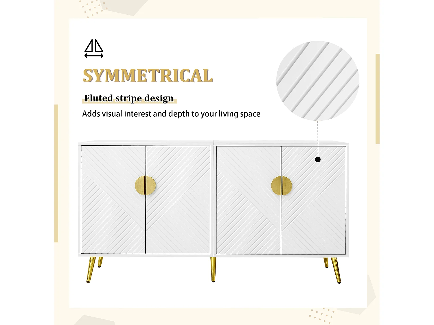 Niedriges Sideboard mit 4 Türen – 140 x 40 x 75 cm – Spanplatten und goldene Metallbeine – Weiß