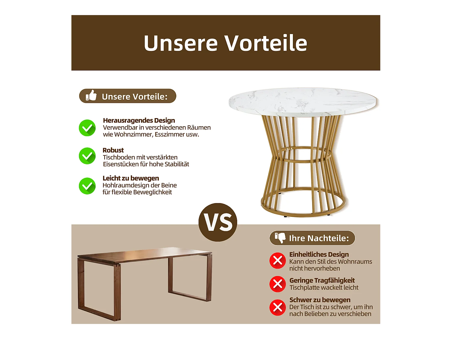 Tavolo da pranzo rotondo con gamba in metallo dorato - P 100 x H 75 cm - Piano effetto marmo - Legno MDF - Bianco