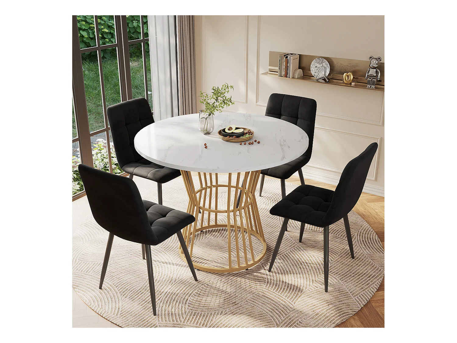 Table à manger ronde avec pied en métal doré - D 100 x H 75 cm - Plateau en effet marbre - Bois MDF - Blanc