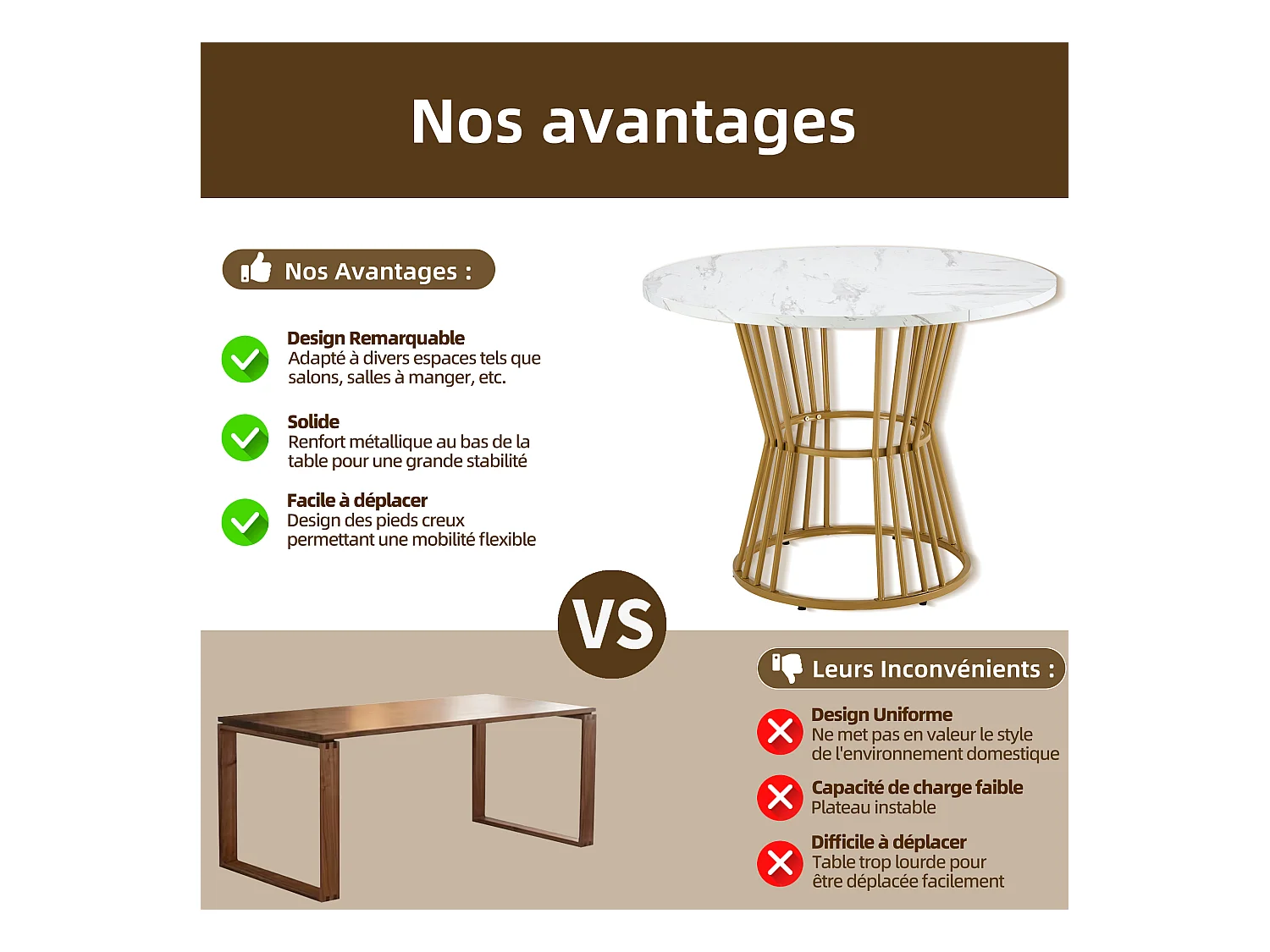 Table à manger ronde avec pied en métal doré - D 100 x H 75 cm - Plateau en effet marbre - Bois MDF - Blanc