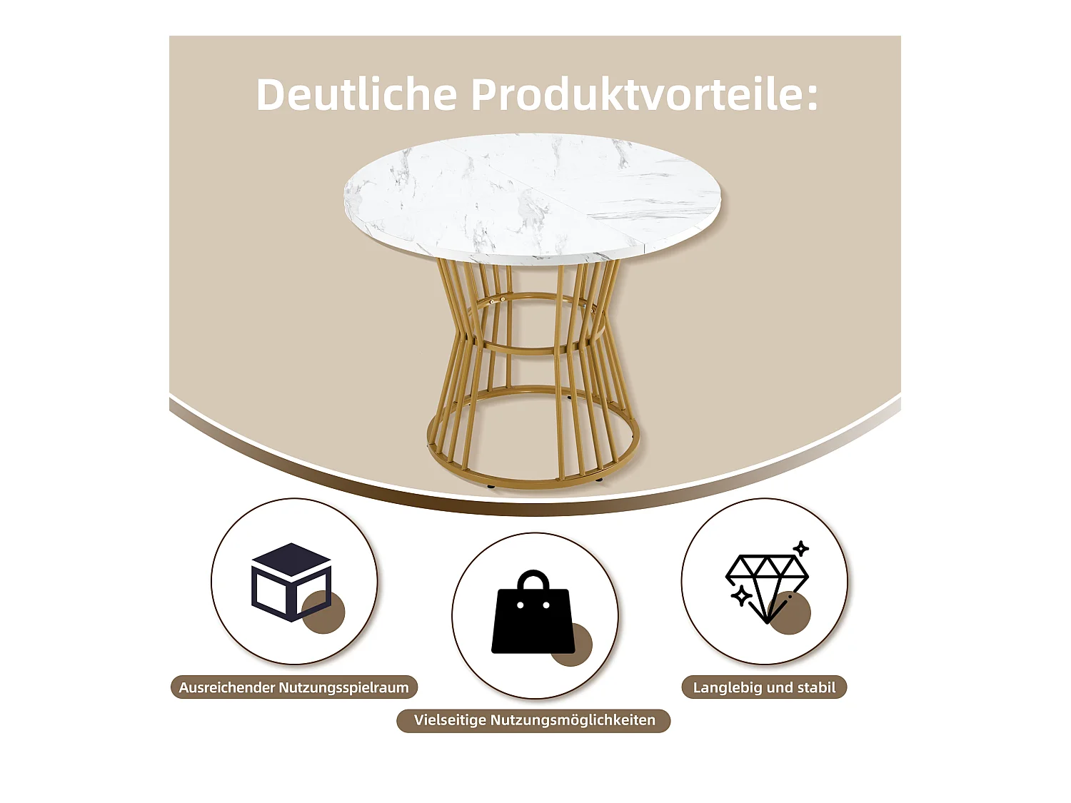 Table à manger ronde avec pied en métal doré - D 100 x H 75 cm - Plateau en effet marbre - Bois MDF - Blanc