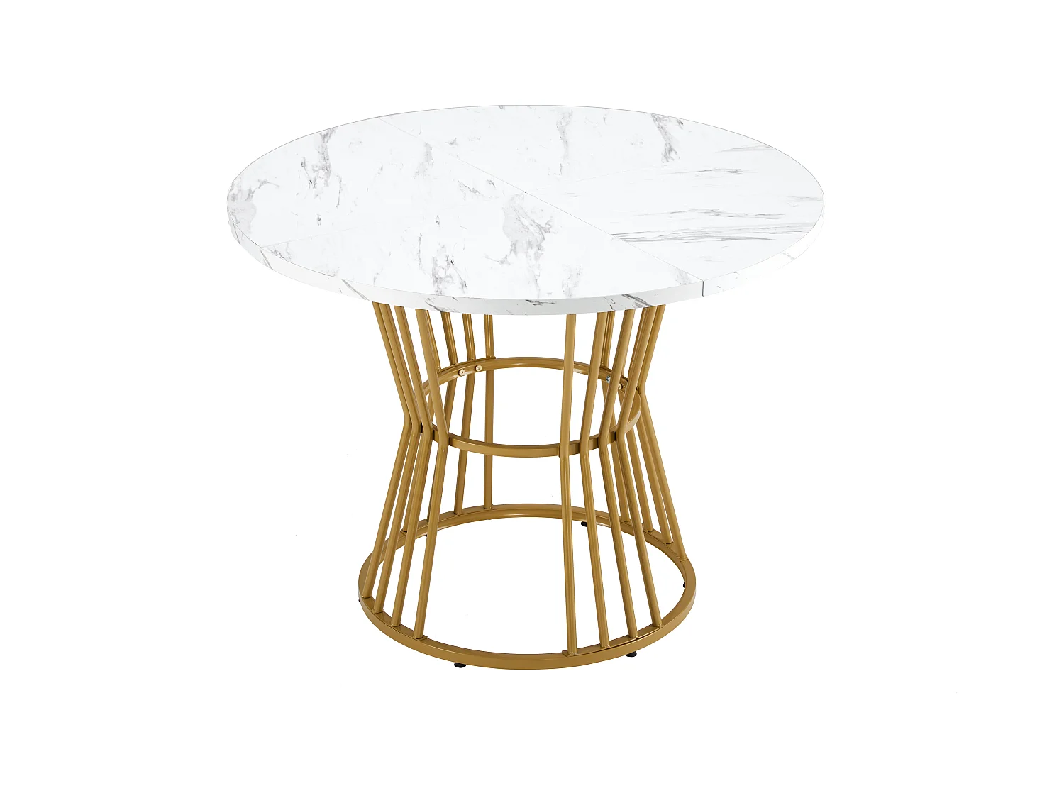 Table à manger ronde avec pied en métal doré - D 100 x H 75 cm - Plateau en effet marbre - Bois MDF - Blanc