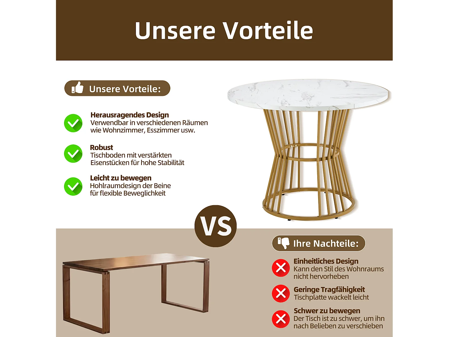 Table à manger ronde avec pied en métal doré - D 100 x H 75 cm - Plateau en effet marbre - Bois MDF - Blanc