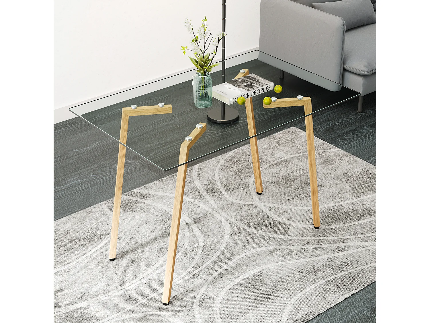 Table à manger rectangulaire avec pied en bois naturel - 110 x 70 x 75 cm - Plateau en verre - Blanc