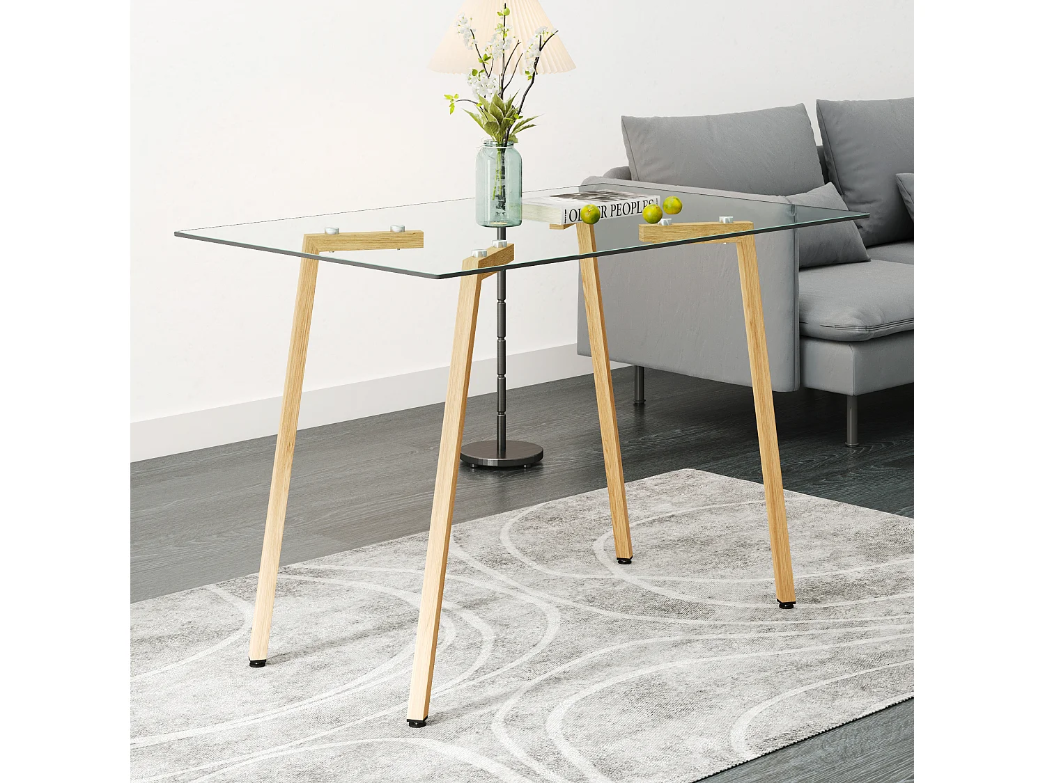 Table à manger rectangulaire avec pied en bois naturel - 110 x 70 x 75 cm - Plateau en verre - Blanc