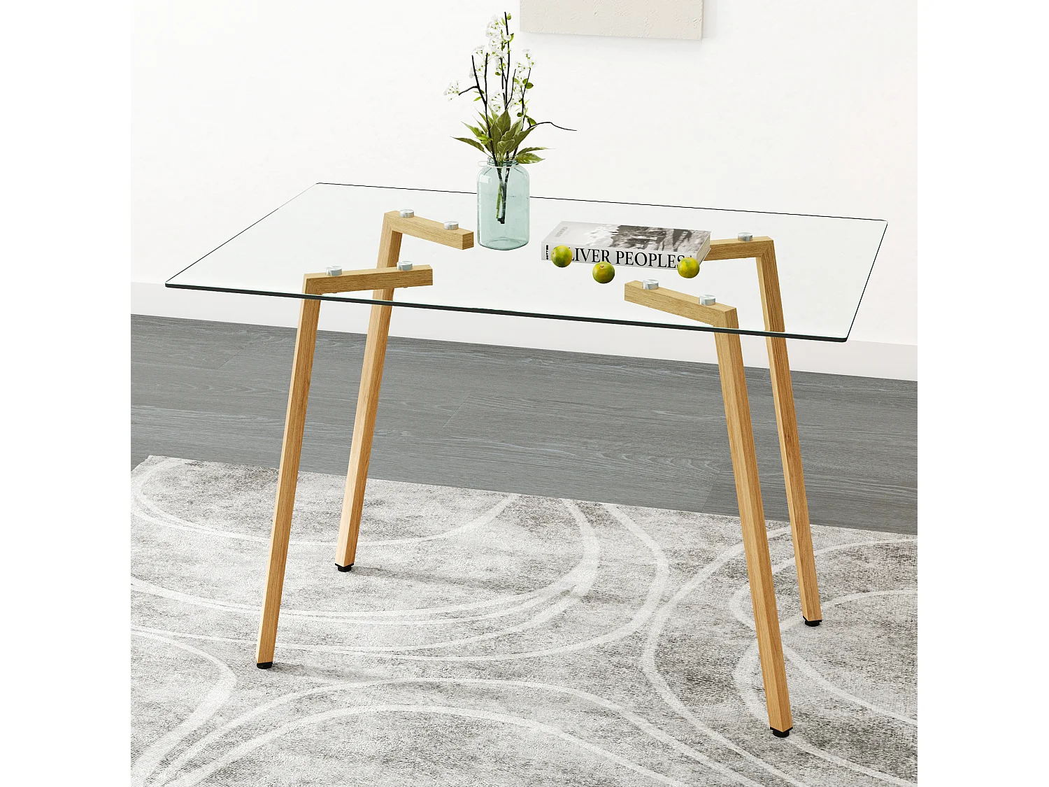Table à manger rectangulaire avec pied en bois naturel - 110 x 70 x 75 cm - Plateau en verre - Blanc