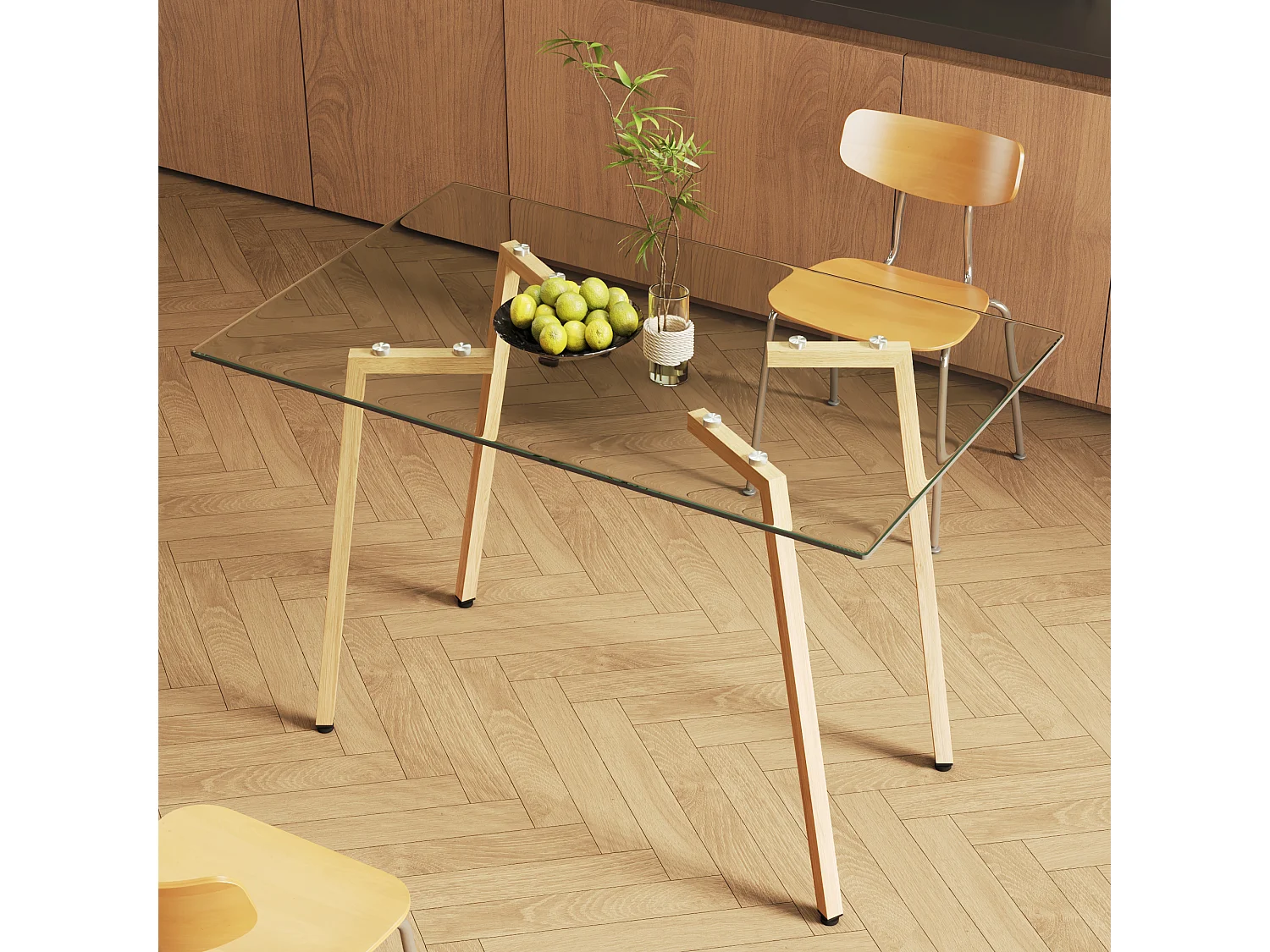 Table à manger rectangulaire avec pied en bois naturel - 110 x 70 x 75 cm - Plateau en verre - Blanc