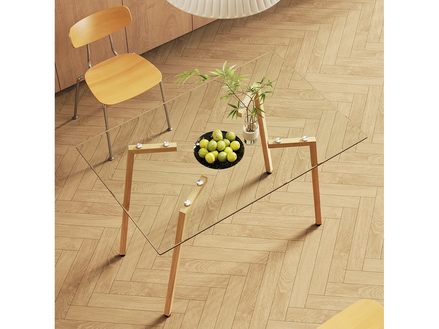 Table à manger rectangulaire avec pied en bois naturel - 110 x 70 x 75 cm - Plateau en verre - Blanc