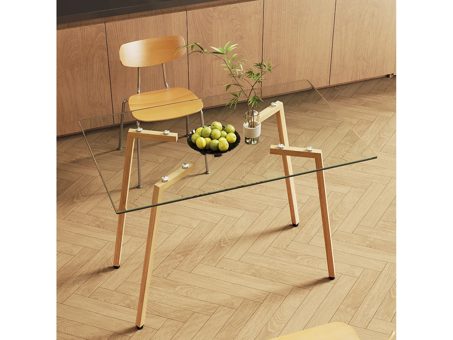 Table à manger rectangulaire avec pied en bois naturel - 110 x 70 x 75 cm - Plateau en verre - Blanc