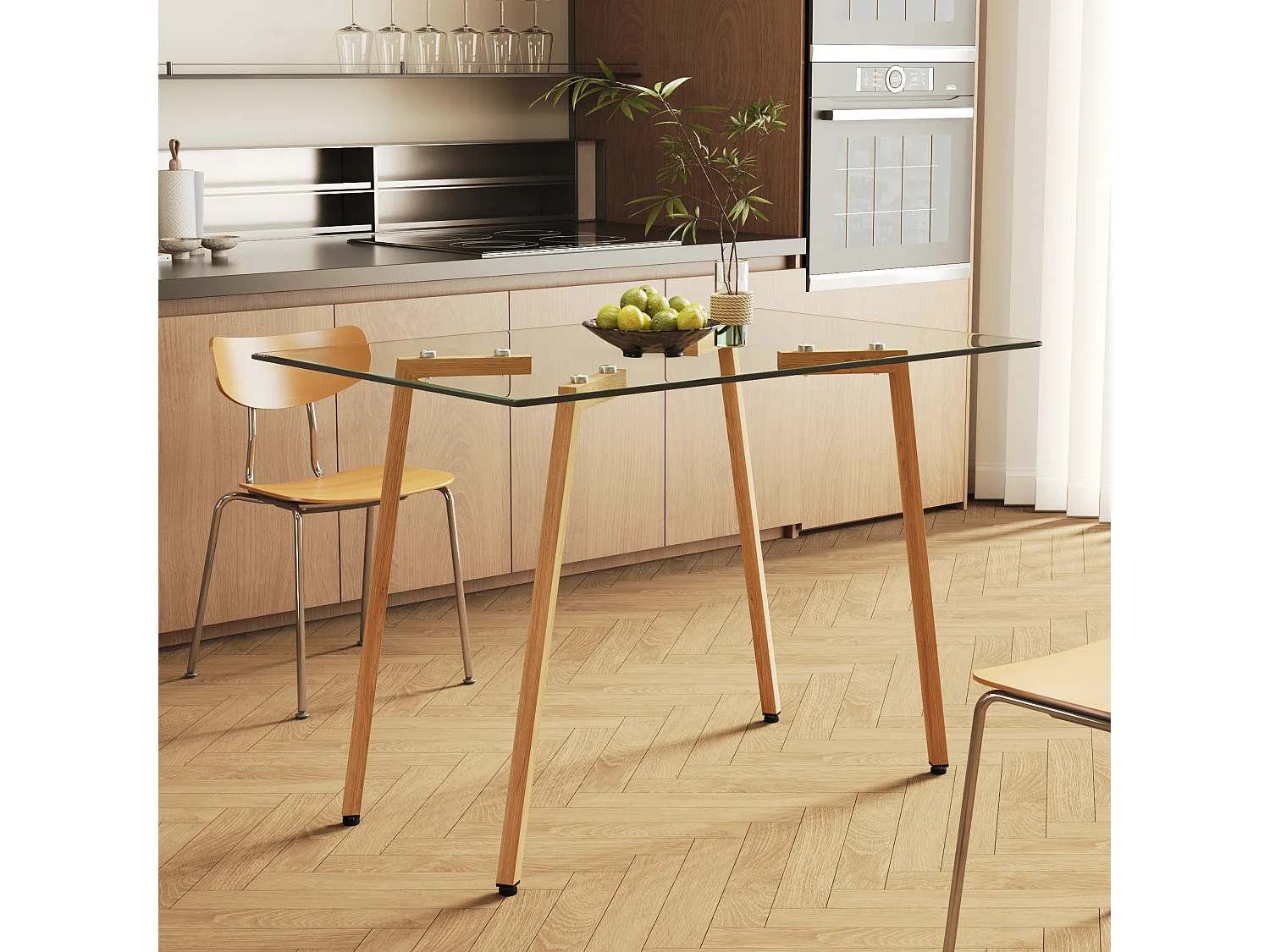 Table à manger rectangulaire avec pied en bois naturel - 110 x 70 x 75 cm - Plateau en verre - Blanc