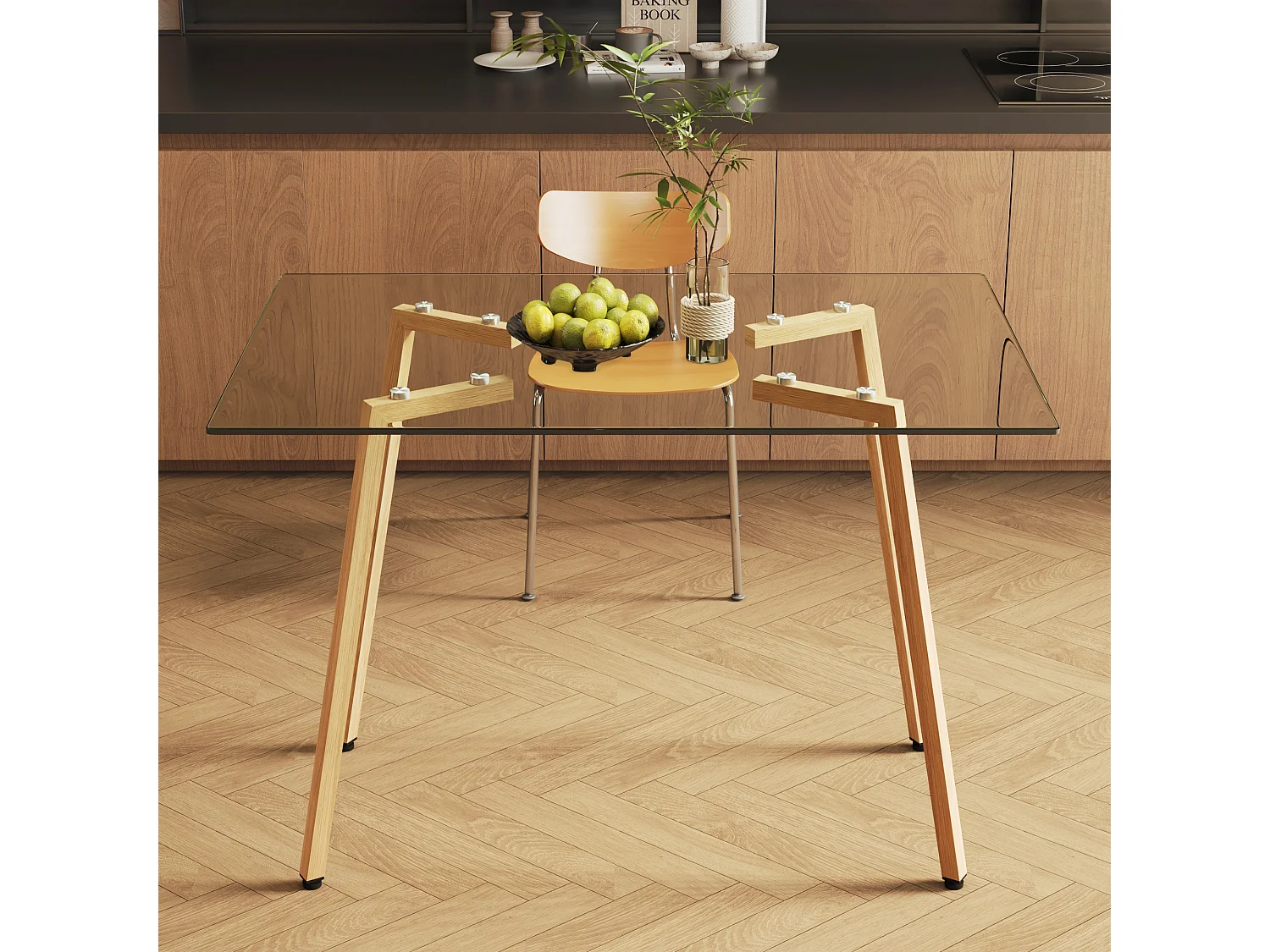 Table à manger rectangulaire avec pied en bois naturel - 110 x 70 x 75 cm - Plateau en verre - Blanc