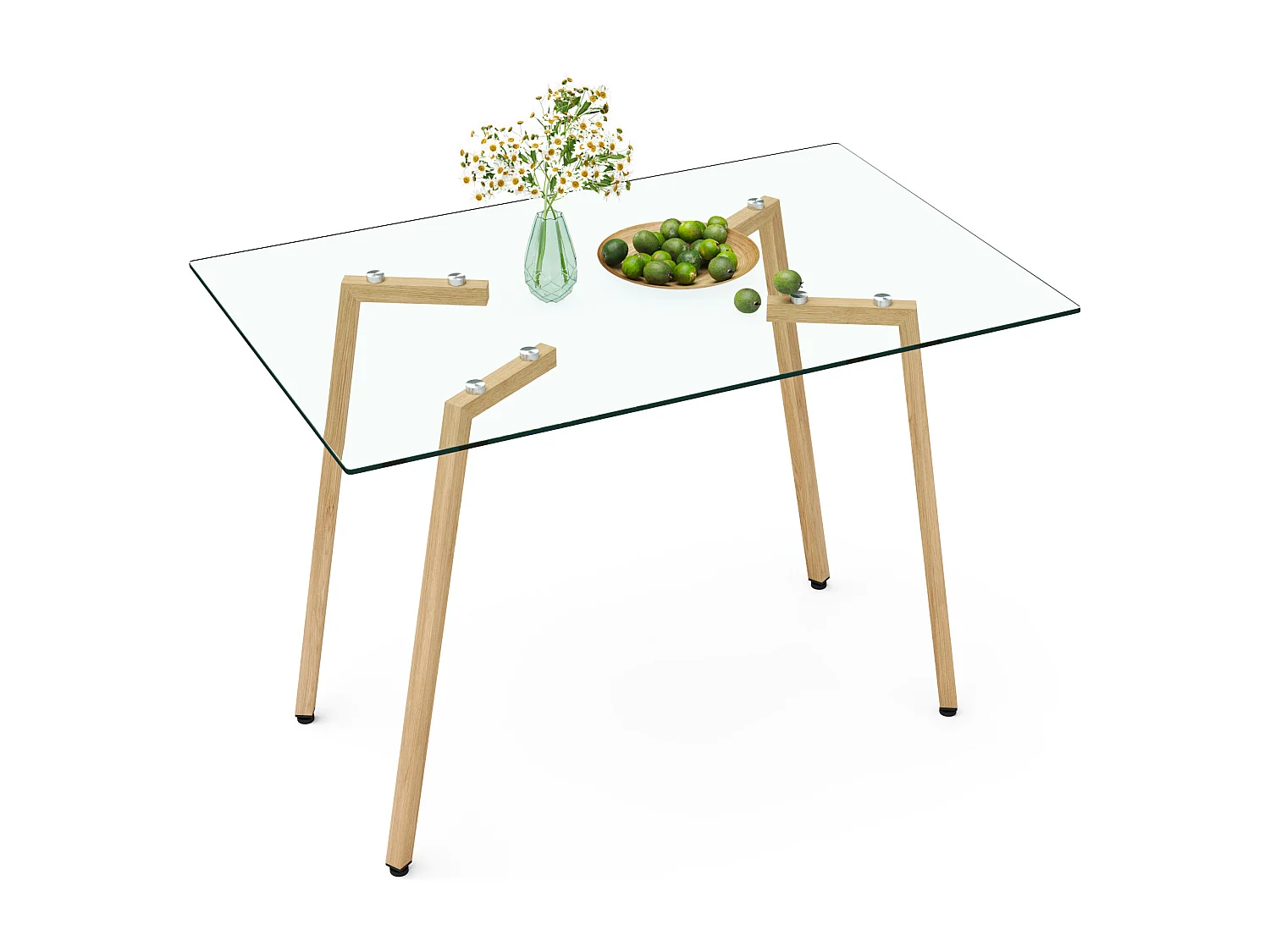 Table à manger rectangulaire avec pied en bois naturel - 110 x 70 x 75 cm - Plateau en verre - Blanc