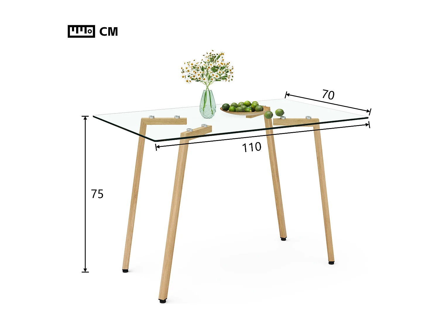 Table à manger rectangulaire avec pied en bois naturel - 110 x 70 x 75 cm - Plateau en verre - Blanc