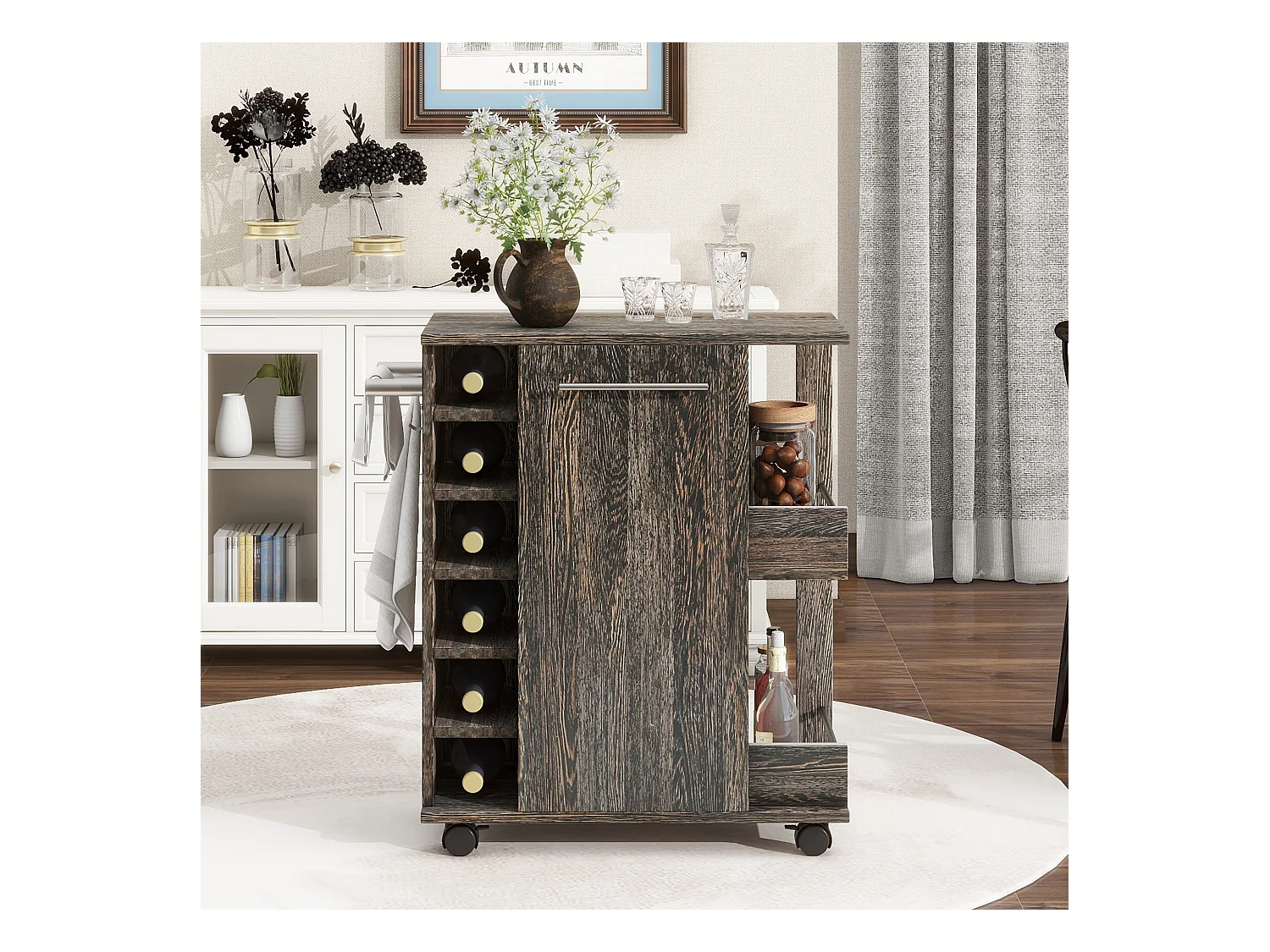 Ilot central de cuisine mobile avec 1 porte et casier à vin -  74 x 37,5 x 81,5 cm - Bois MDF - Marron
