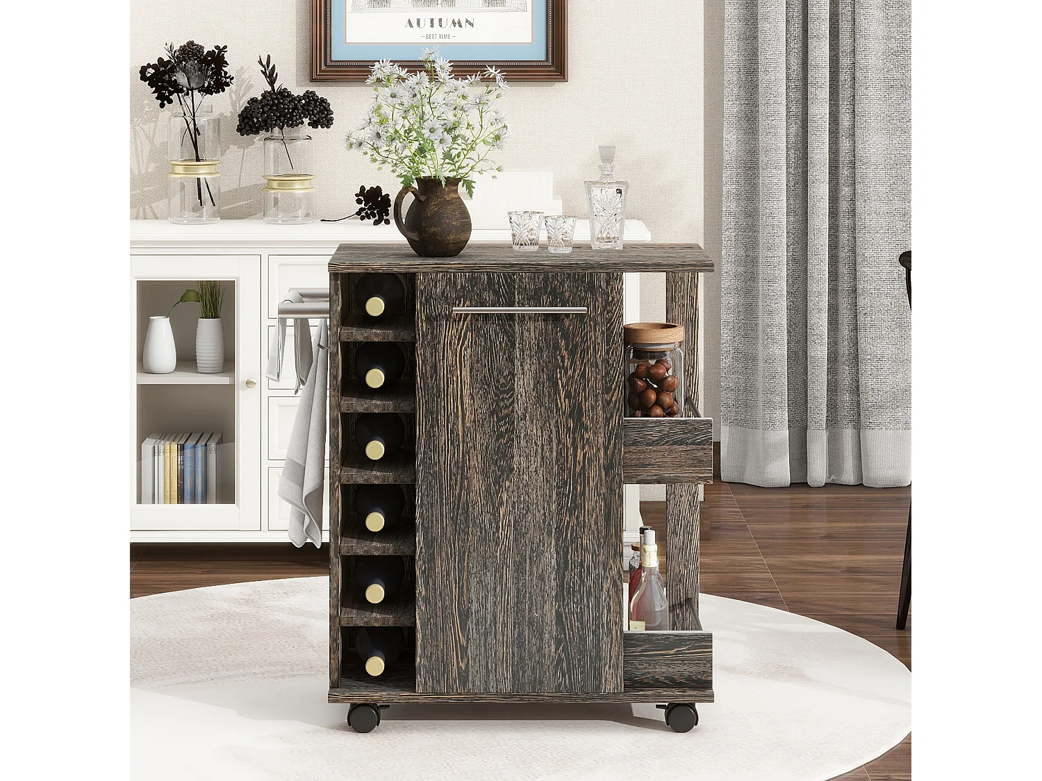 Ilot central de cuisine mobile avec 1 porte et casier à vin -  74 x 37,5 x 81,5 cm - Bois MDF - Marron