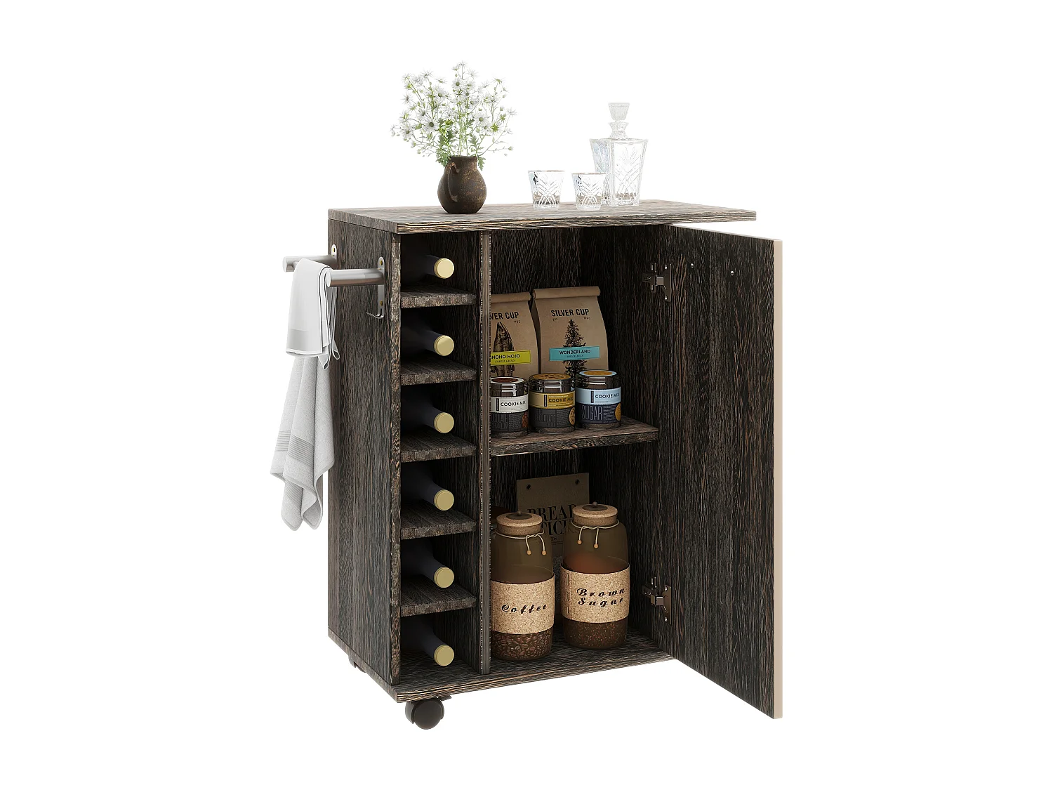 Ilot central de cuisine mobile avec 1 porte et casier à vin -  74 x 37,5 x 81,5 cm - Bois MDF - Marron