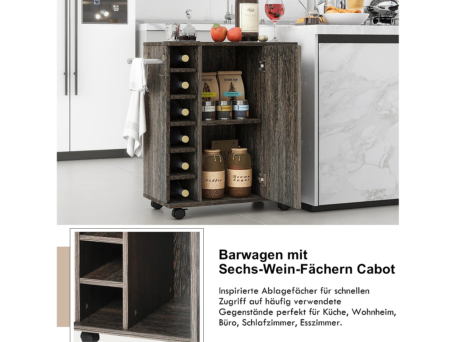 Ilot central de cuisine mobile avec 1 porte et casier à vin -  74 x 37,5 x 81,5 cm - Bois MDF - Marron