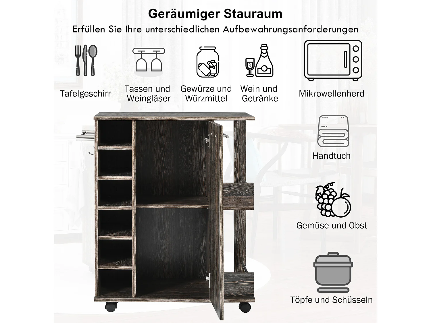 Ilot central de cuisine mobile avec 1 porte et casier à vin -  74 x 37,5 x 81,5 cm - Bois MDF - Marron