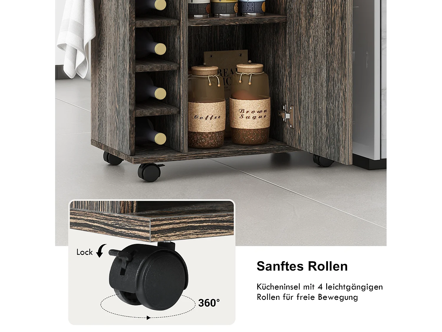 Ilot central de cuisine mobile avec 1 porte et casier à vin -  74 x 37,5 x 81,5 cm - Bois MDF - Marron