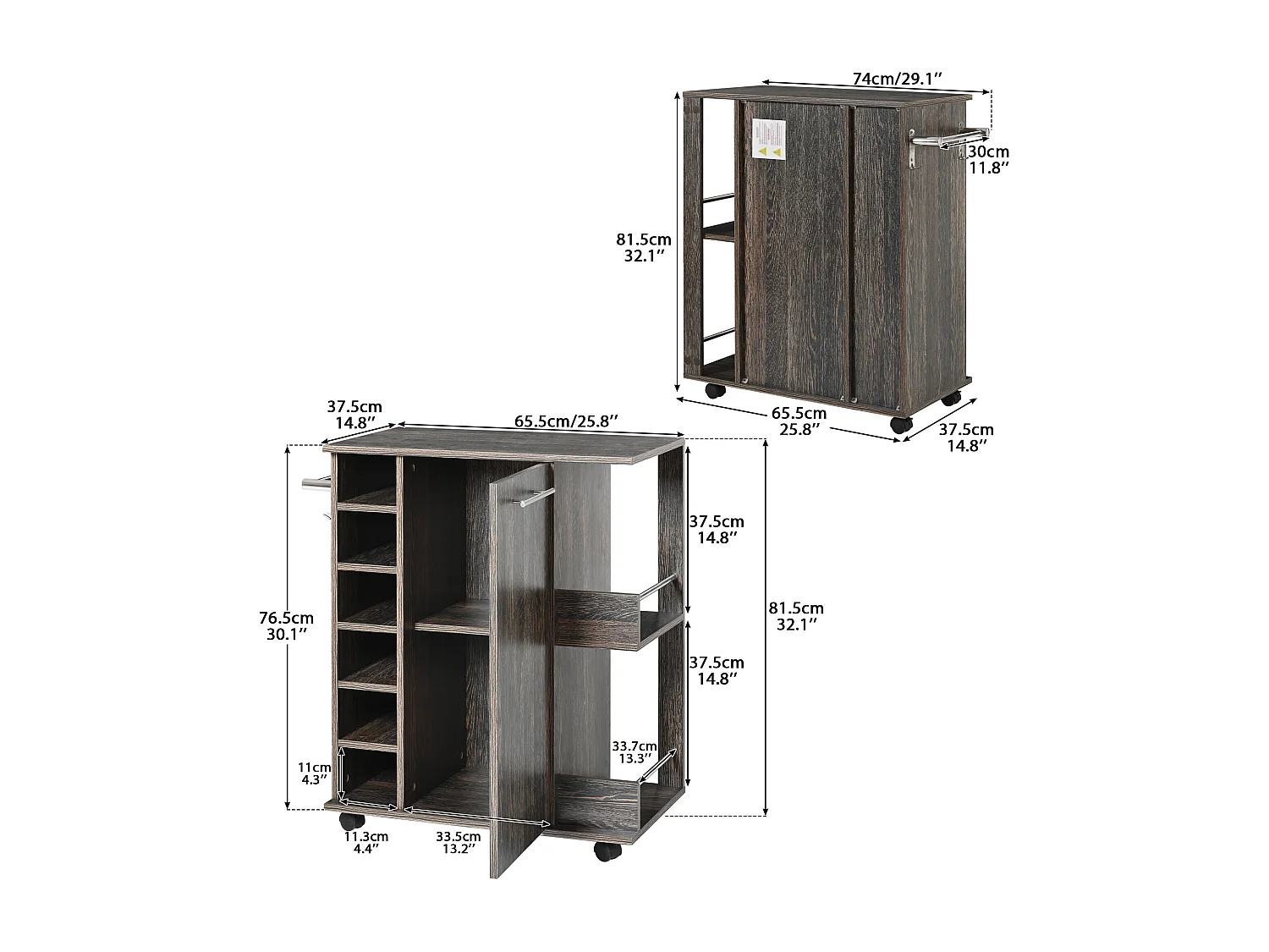 Ilot central de cuisine mobile avec 1 porte et casier à vin -  74 x 37,5 x 81,5 cm - Bois MDF - Marron