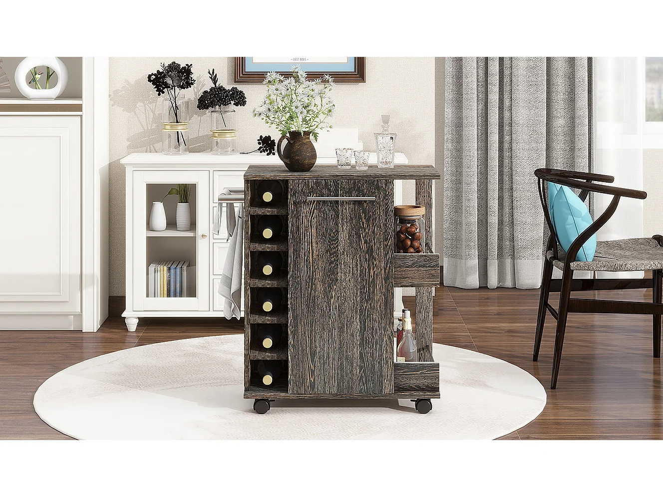 Ilot central de cuisine mobile avec 1 porte et casier à vin -  74 x 37,5 x 81,5 cm - Bois MDF - Marron