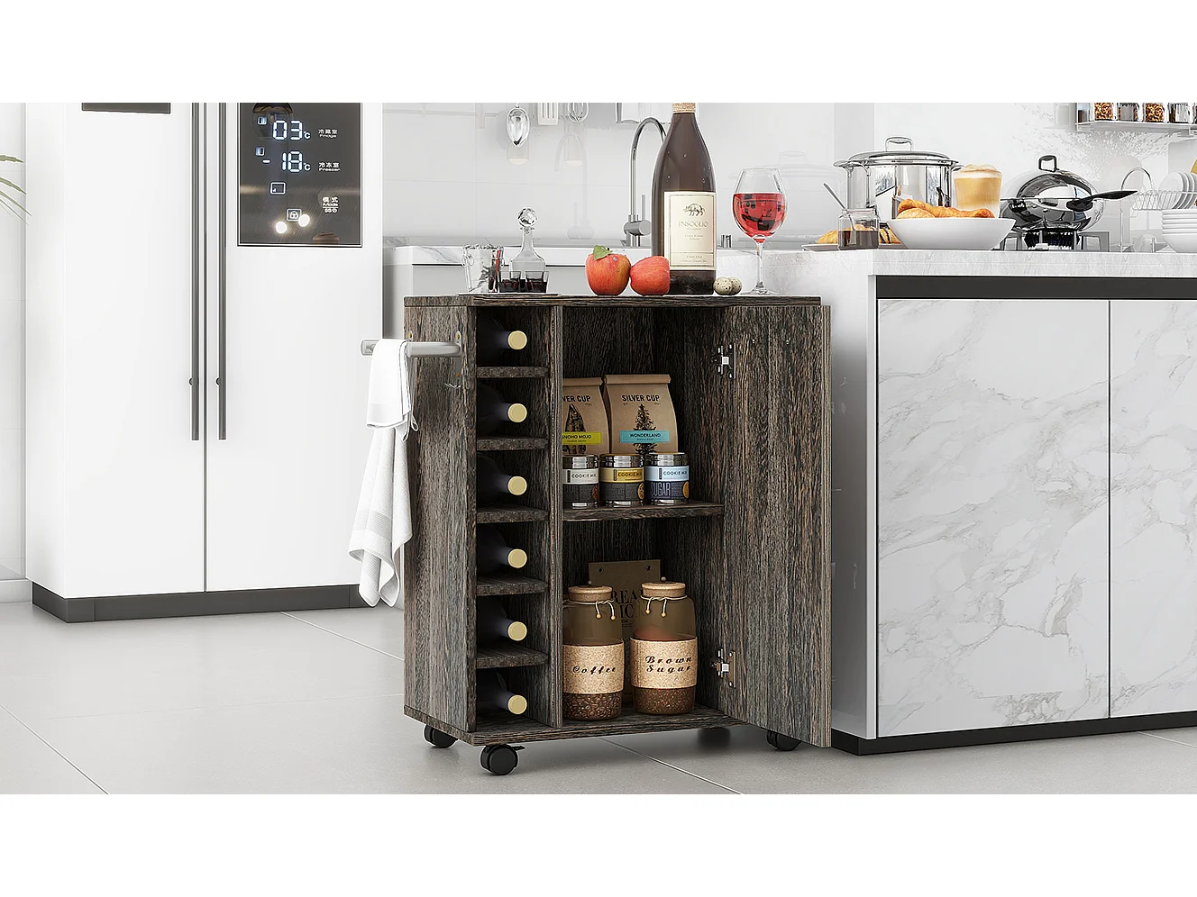 Ilot central de cuisine mobile avec 1 porte et casier à vin -  74 x 37,5 x 81,5 cm - Bois MDF - Marron