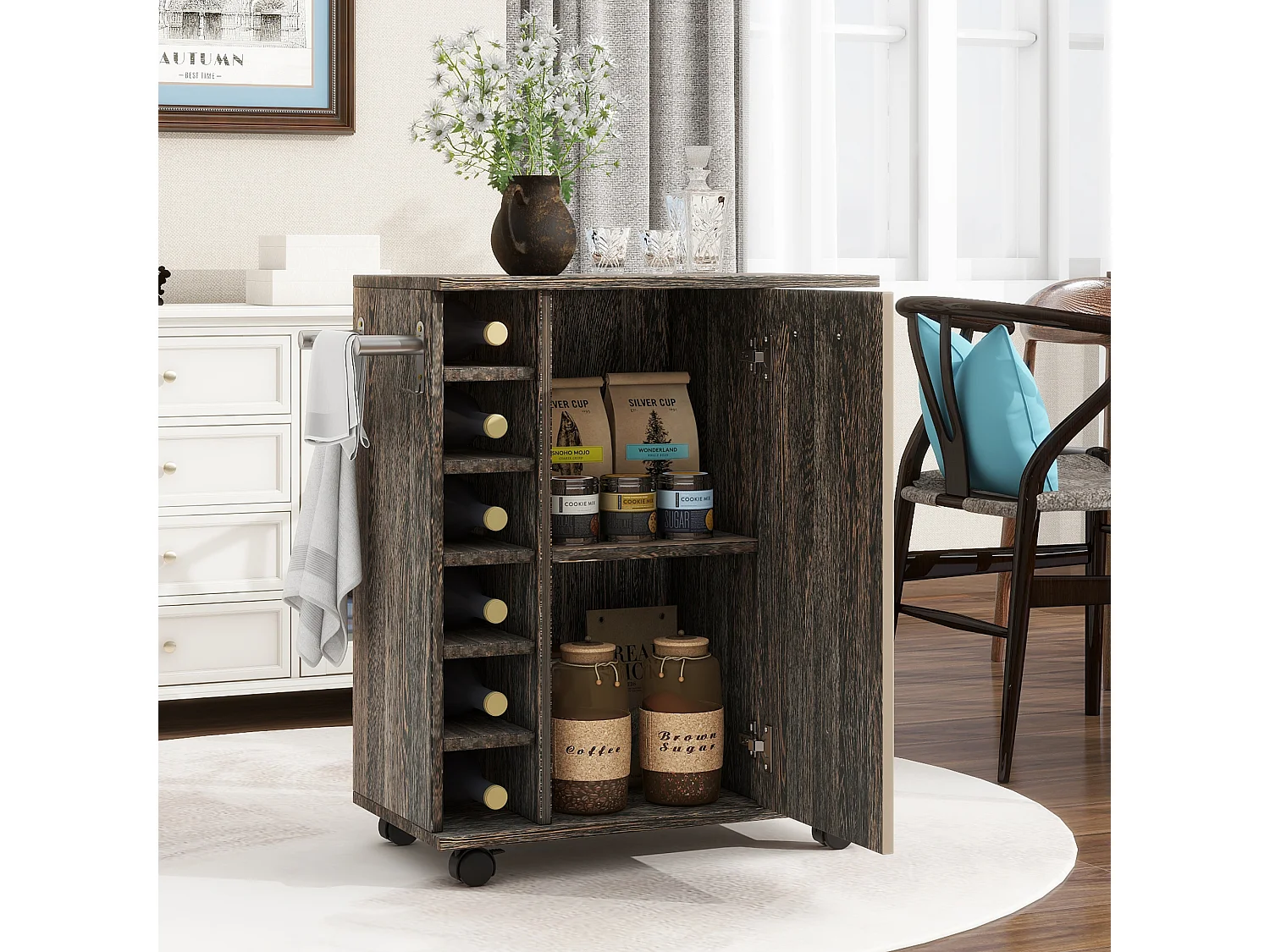 Ilot central de cuisine mobile avec 1 porte et casier à vin -  74 x 37,5 x 81,5 cm - Bois MDF - Marron