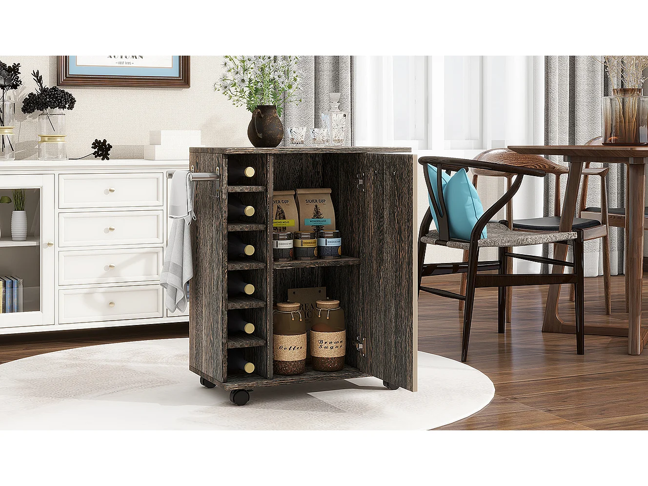 Ilot central de cuisine mobile avec 1 porte et casier à vin -  74 x 37,5 x 81,5 cm - Bois MDF - Marron